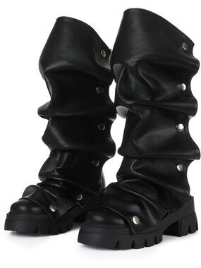 Women's Black Slouchy Fold Over Fashion Chunky Heel Non-Slip Wide Calf Boots